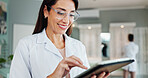 Smile, woman and optician on tablet for eye care, medical treatment or check eyesight test results. Digital technology, optometrist or store for ophthalmology research, healthy vision or prescription