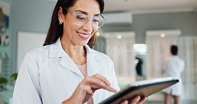 Buy stock photo Smile, woman and optician on tablet for eye care, medical treatment or check eyesight test results. Digital technology, optometrist or store for ophthalmology research, healthy vision or prescription