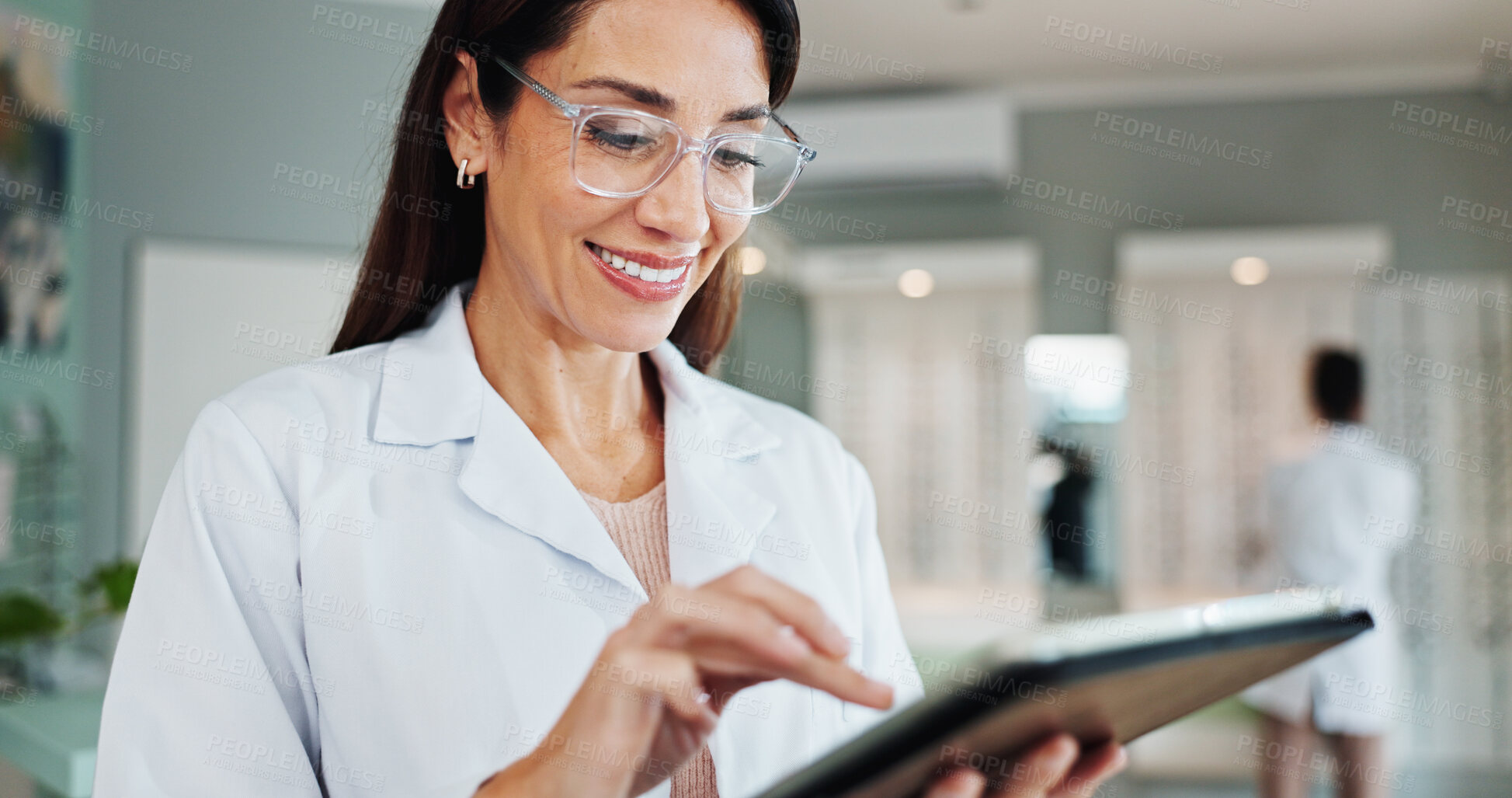 Buy stock photo Smile, woman and optician on tablet for eye care, medical treatment or check eyesight test results. Digital technology, optometrist or store for ophthalmology research, healthy vision or prescription