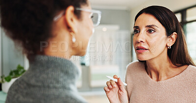Buy stock photo Glasses, eye exam and patient with women at optometrist for myopia, vision and help. Healthcare, ophthalmologist and optical frame with people in clinic for test, consulting and medical lens