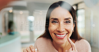 Buy stock photo Glasses, eye exam and portrait with woman at optometrist for myopia, vision and help. Healthcare, ophthalmologist and optical frame with person in clinic for patient pov, consulting and medical lens