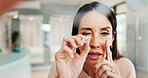 Test, eye exam and portrait with woman at optometrist for myopia, vision and help. Healthcare, ophthalmologist and optical frame with person in clinic for patient pov, consulting and medical lens