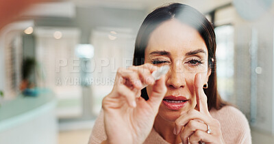 Buy stock photo Test, eye exam and portrait with woman at optometrist for myopia, vision and help. Healthcare, ophthalmologist and optical frame with person in clinic for patient pov, consulting and medical lens