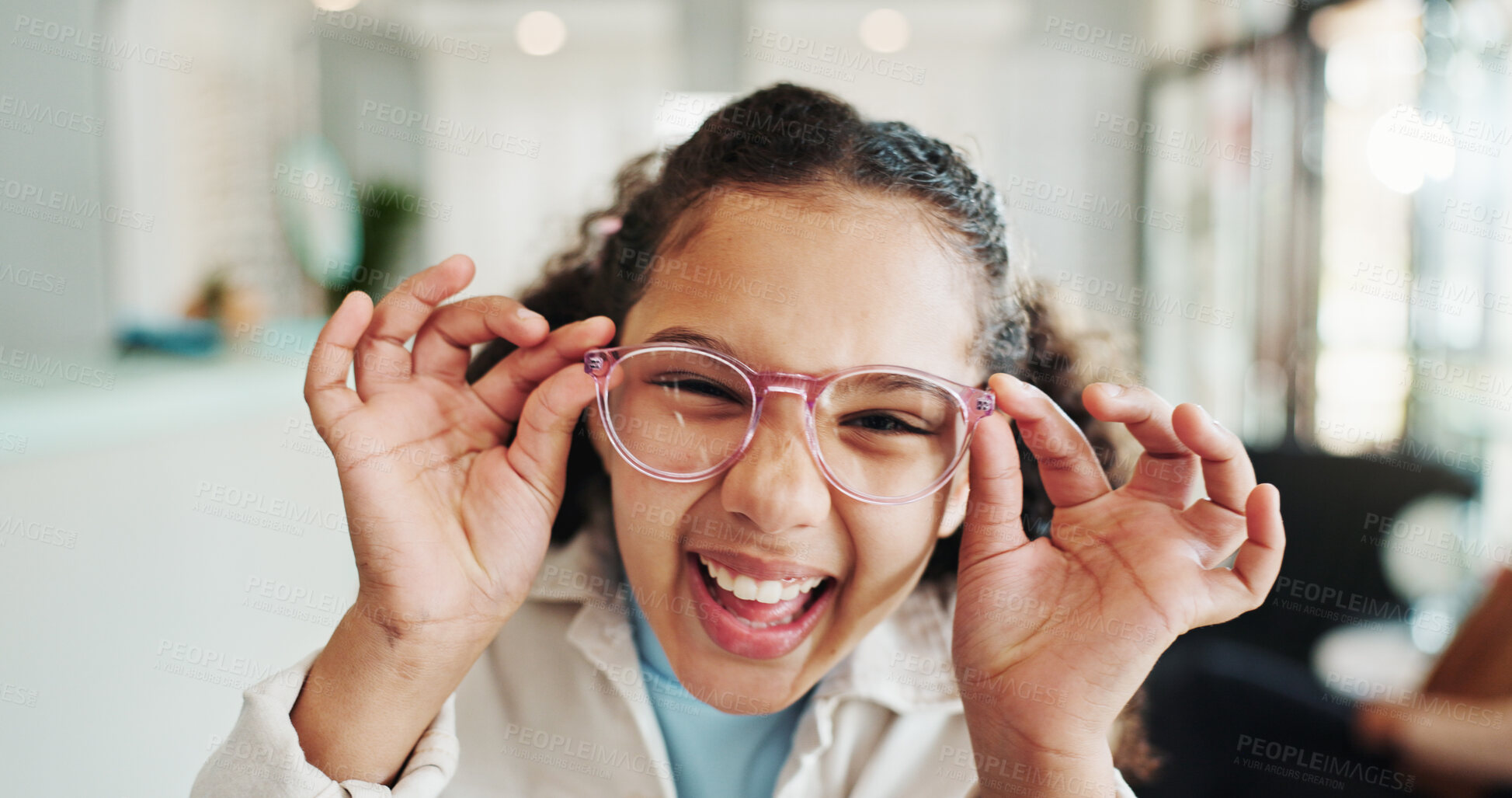 Buy stock photo Happy girl, portrait or glasses with vision for sight, optical or eyecare at optometry store. Female person, child or excited with spectacles for development or eye prescription at optometrist shop