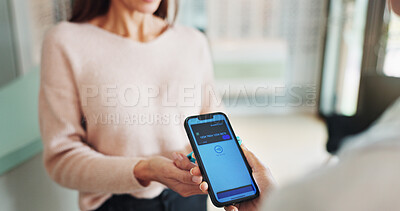 Buy stock photo Contactless, payment and phone screen with people in store for nfc transaction for optometry. Account, hands and tap to pay with customer at optometrist for ecommerce, money transfer or purchase