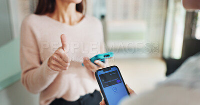 Buy stock photo Payment, phone screen and thumbs up with people in store for contactless or nfc transaction. Account, hands and tap to pay success with customer at optometrist for ecommerce, purchase or transfer