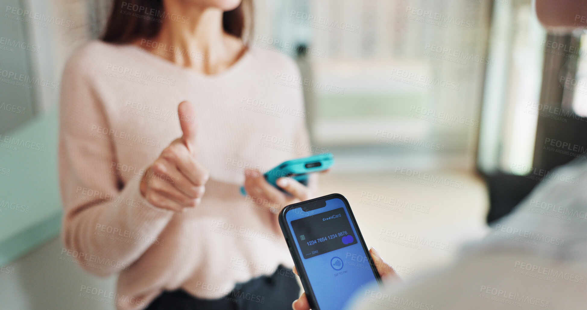 Buy stock photo Payment, phone screen and thumbs up with people in store for contactless or nfc transaction. Account, hands and tap to pay success with customer at optometrist for ecommerce, purchase or transfer