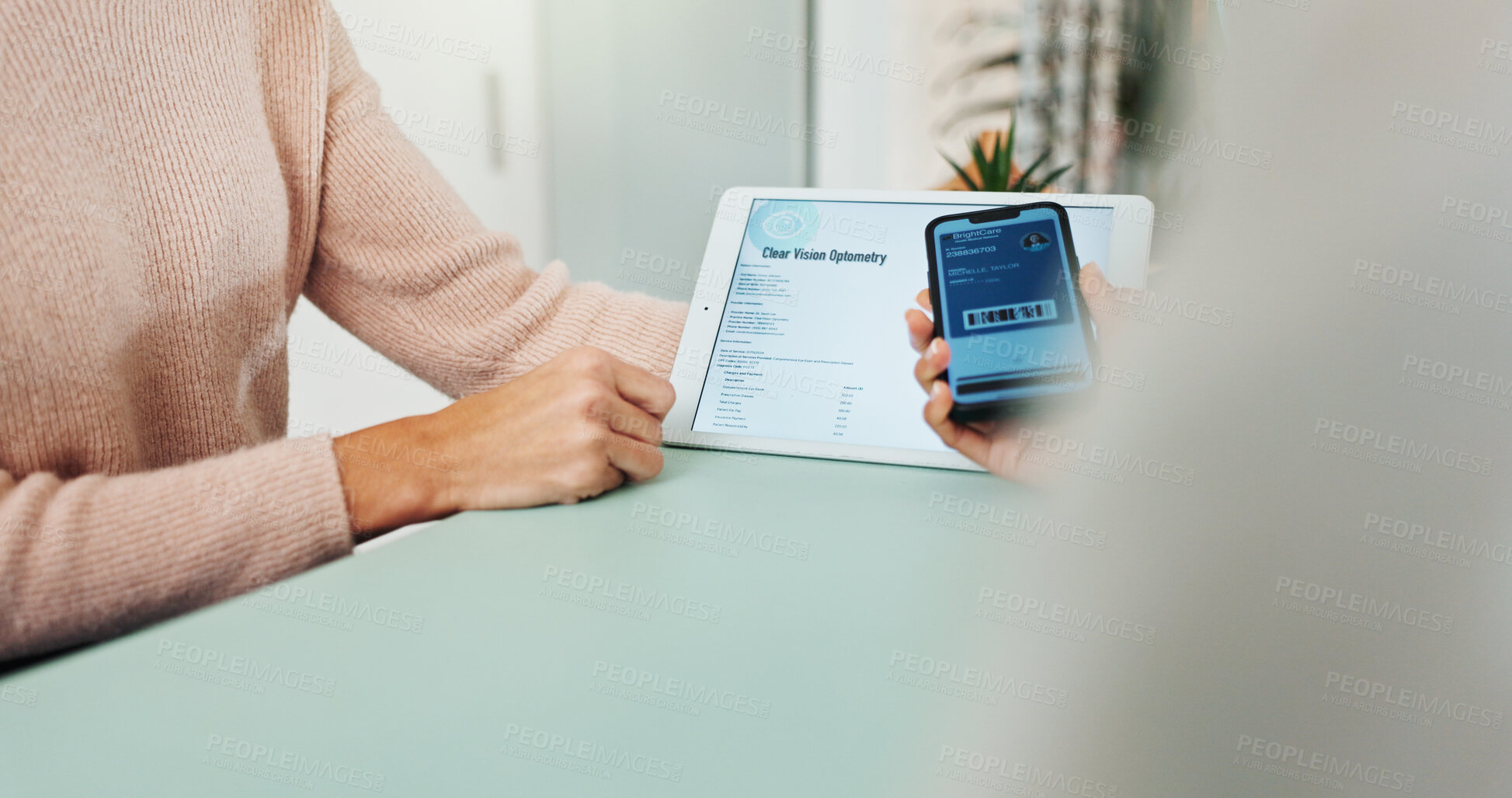 Buy stock photo Hands, phone and tablet screen with payment in optometry clinic for financial or nfc transaction. Account, invoice and medical aid with person paying optometrist for consulting in hospital closeup