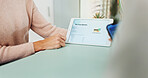 Hands, payment and tablet screen with people in optometry clinic for financial or nfc transaction. Account, invoice and phone banking with person paying optometrist for consulting in hospital closeup
