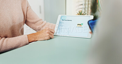 Buy stock photo Hands, payment and tablet screen with people in optometry clinic for financial or nfc transaction. Account, invoice and phone banking with person paying optometrist for consulting in hospital closeup