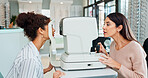 Optometrist, women and vision test with autorefractor for health, eye wellness and eyesight correction in store. Check patient, machine and medical ophthalmologist in exam for glasses prescription