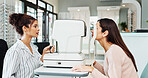 Eye test, healthcare or machine with optometrist and woman in clinic for visual assessment. Autorefractor, exam and medical with patient in optometry store for prescription frame lenses or vision