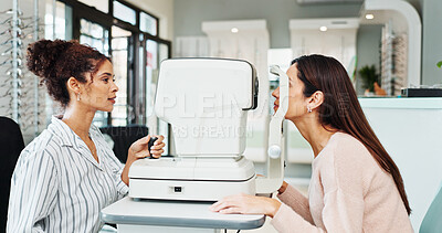 Buy stock photo Eye test, healthcare or machine with optometrist and woman in clinic for visual assessment. Autorefractor, exam and medical with patient in optometry store for prescription frame lenses or vision