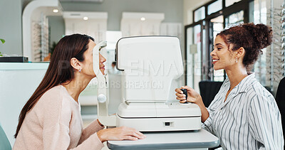 Buy stock photo Healthcare, eye test or equipment with optometrist and patient in clinic for visual assessment. Autorefractor, exam and medical with people in optometry store for prescription frame lenses or vision