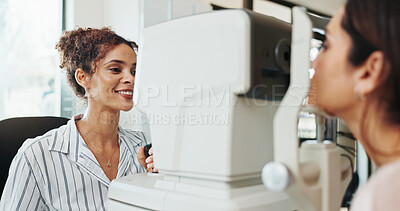 Buy stock photo Eye exam, equipment or medical with optometrist and patient in clinic for visual assessment. Autorefractor, healthcare and test with people in optometry store for prescription frame lenses or vision