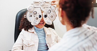 Buy stock photo Eye test, ophthalmology and optician with child in clinic with lensometer for prescription lens. Optometry, wellness and optometrist with girl kid for vision assessment with machine in store.