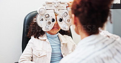 Buy stock photo Eye test, optometry and optician with child in clinic with lensometer for prescription lens. Ophthalmology, wellness and optometrist with girl kid for vision assessment with machine in store.