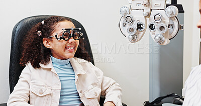 Buy stock photo Eye exam, optometry and optician with kid in clinic with phoropter for prescription lens. Ophthalmology, wellness and optometrist with girl child for vision assessment with machine in consultation
