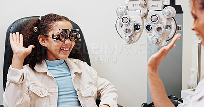 Buy stock photo Eye test, high five or happy optician with child in clinic with diagnostic tool for prescription lens. Ophthalmology, glasses or optometrist in vision assessment with kid, eyesight success or support