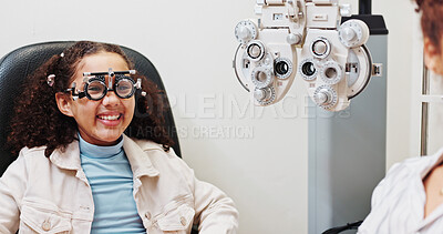 Buy stock photo Eye exam, optometry and optician with child in clinic with phoropter and trial glasses for prescription lens. Ophthalmology, health and optometrist with kid for vision assessment with machine in shop