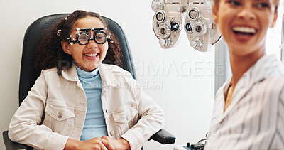 Buy stock photo Eye test, optometry or woman with smile or child in clinic with diagnostic tool for prescription lens. Ophthalmology, happy or optometrist in vision assessment with kid, trial or medical equipment