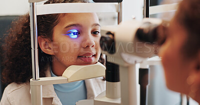 Buy stock photo Eye test, optometry or woman with machine or child in clinic with diagnostic tool for prescription lens. Ophthalmology, laser or optometrist in vision assessment with girl, trial or medical equipment