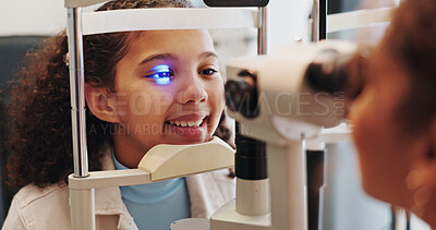 Buy stock photo Eye test, optometrist or woman with machine or child in clinic with diagnostic tool for prescription lens. Ophthalmology, laser or optometry in vision assessment with girl, trial or medical equipment