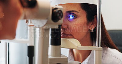 Buy stock photo Eye test, optometry or woman with machine or child in clinic with diagnostic tool for prescription lens. Ophthalmology, scanning or laser in vision assessment with girl, trial or medical equipment