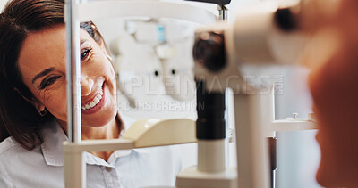 Buy stock photo Eye test, service or optician with woman in clinic with diagnostic tool for prescription lens. Ophthalmology, correction or optometrist in vision assessment with person, machine or medical equipment