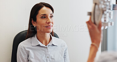 Buy stock photo Eye care, service or optician with woman in clinic with diagnostic tool for prescription lens. Ophthalmology, testing or optometrist in vision assessment with person, machine or medical equipment