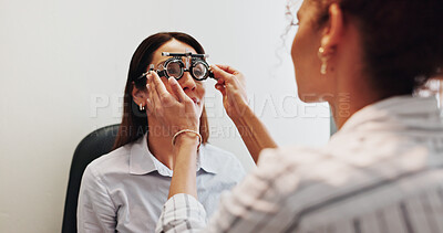 Buy stock photo Eye care, testing or optician with woman in clinic with diagnostic tool for prescription lens. Ophthalmology, sight exam or optometrist in vision assessment with person, machine or medical equipment