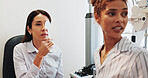 Eye test, cover or optician with woman in clinic with diagnostic tool for prescription lens. Ophthalmology, depth perception or optometrist in vision assessment with person, spoon or visual check