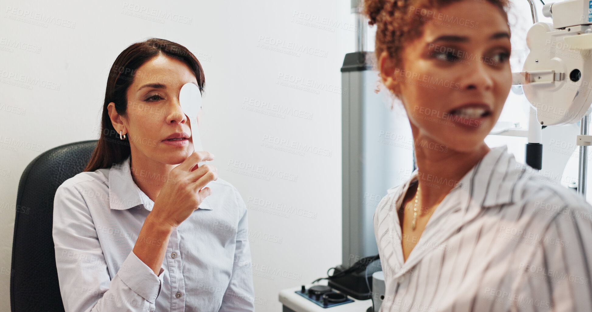 Buy stock photo Eye test, cover or optician with woman in clinic with diagnostic tool for prescription lens. Ophthalmology, depth perception or optometrist in vision assessment with person, spoon or visual check