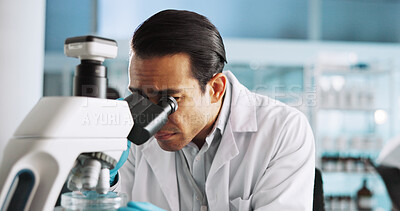 Buy stock photo Microscope, research and science with man in laboratory for healthcare, medical or pharmaceutical innovation. DNA, sample and study with scientist in clinical trial for breakthrough or development