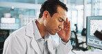Headache, stress and science with man in laboratory for research mistake, clinical trial fail or burnout. Healthcare error, tired and medical test results with person in clinic for fatigue and crisis