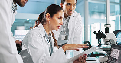 Buy stock photo Teamwork, talking or scientists on laptop for medical breakthrough, clinical trial or DNA discovery. People, biology testing or science research in lab with results notes, bacteria or medicine cure