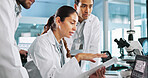 Teamwork, people or scientists on laptop for clinical trial, vaccine breakthrough and DNA discovery. Talking, medical test or science research in lab with results notes, bacteria or medicine cure