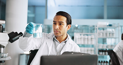 Buy stock photo Laptop, science and solution with man in laboratory for healthcare, medical or pharmaceutical innovation. Computer beaker and microscope with scientist in clinical trial for development or research