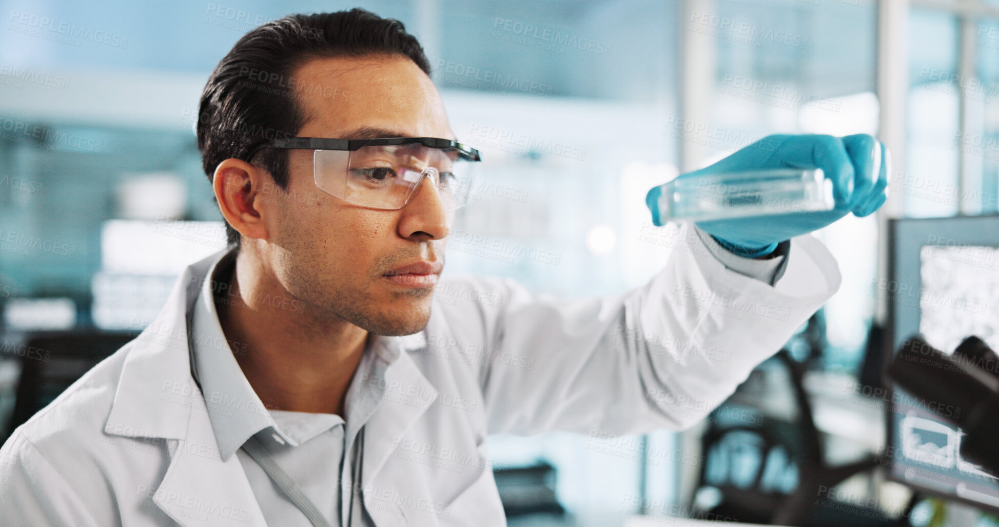 Buy stock photo Scientist, man and petri dish with analysis for biology, breakthrough or medical research. Biotech, laboratory and microscope with bacteria DNA study for pharmaceutical RNA or pathology experiment