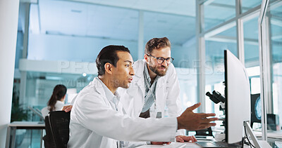 Buy stock photo Teamwork, talking or happy scientists on computer for vaccine breakthrough, clinical trial or discovery. People, medical test or science research in lab with report results, bacteria or medicine cure