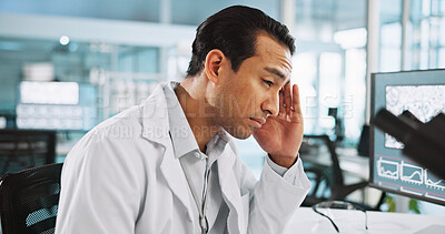 Buy stock photo Headache, stress and research with man in laboratory for science mistake, clinical trial fail or burnout. Healthcare error, tired and medical test results with person in clinic for fatigue and crisis