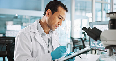 Buy stock photo Scientist, man and tablet with digital notes for biology, breakthrough or medical research analysis. Biotech, laboratory and microscope with DNA study for pharmaceutical RNA or pathology experiment