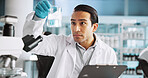 Beaker, chemical and science with man in laboratory for healthcare sample, molecular reaction and research. Medicine, vaccine experiment and medical test with person for pharmacy and microscope