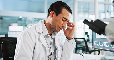 Buy stock photo Headache, stress and healthcare with man in laboratory for research mistake, clinical trial fail or burnout. Science error, tired and medical test results with person in clinic for fatigue and crisis