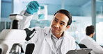Beaker, clipboard and science with man in laboratory for healthcare, medical or pharmaceutical innovation. Microscope, smile and solution with scientist in clinical trial for development or research