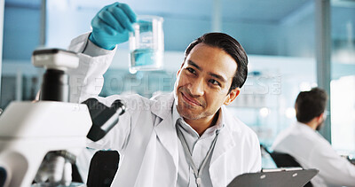 Buy stock photo Beaker, clipboard and science with man in laboratory for healthcare, medical or pharmaceutical innovation. Microscope, smile and solution with scientist in clinical trial for development or research