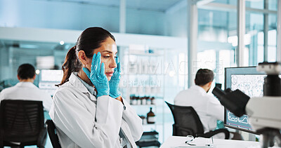 Buy stock photo Headache, anxiety and science with woman in laboratory for research mistake, clinical trial fail or burnout. Healthcare error, tired and medical test results with person for fatigue and crisis