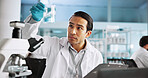 Microscope, chemical and research with man in laboratory for science sample, molecular reaction and healthcare. Medicine, vaccine experiment and medical test with person for pharmacy and clinic