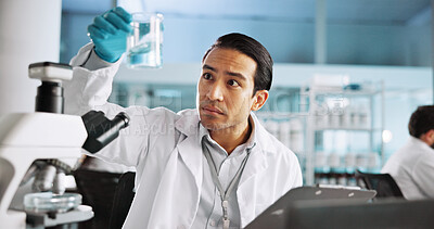 Buy stock photo Microscope, chemical and research with man in laboratory for science sample, molecular reaction and healthcare. Medicine, vaccine experiment and medical test with person for pharmacy and clinic