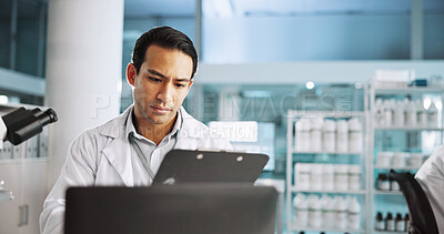 Buy stock photo Scientist, man and clipboard with research in laboratory for medical experiment, clinical trial and science innovation. Biotechnology, person and reading checklist for pharmaceutical study or results